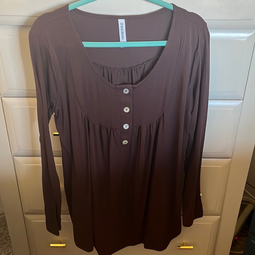 Zenana Premium Henley Pleated Yoke Blouse, Size - Large